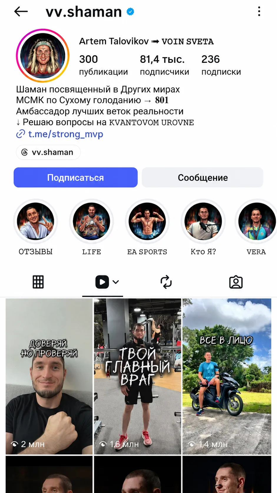 Профиль Instagram @vv.shaman — 81,4 тыс. подписчиков